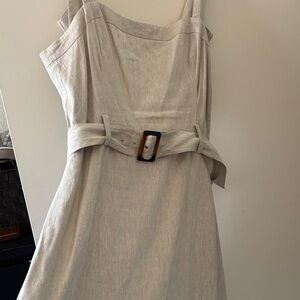 Neutral Linen Belted Sundress - Sleeveless Square Neck
